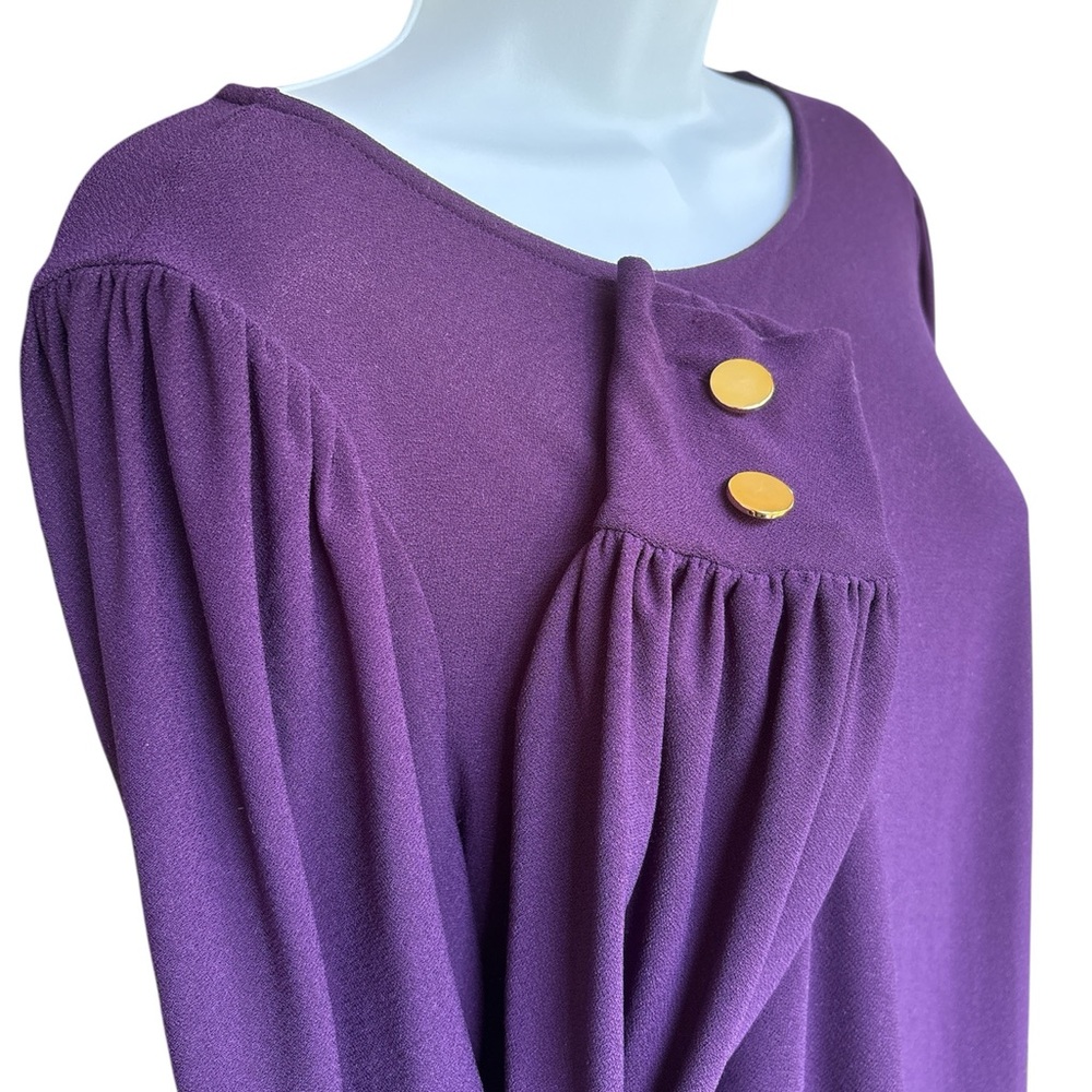 Eggplant Purple Cozy Top with Puff Bell Sleeves Gold Buttons - M L XL